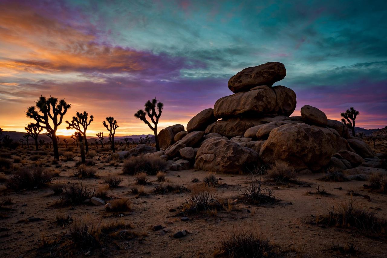 Joshua Tree National Park at sunset, silhouetted Joshua trees and boulders against an orange and violet sky