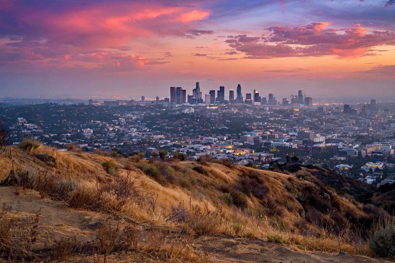 Downtown Los Angeles skyline at dusk from the Griffith Park hills, under a coral and violet sky