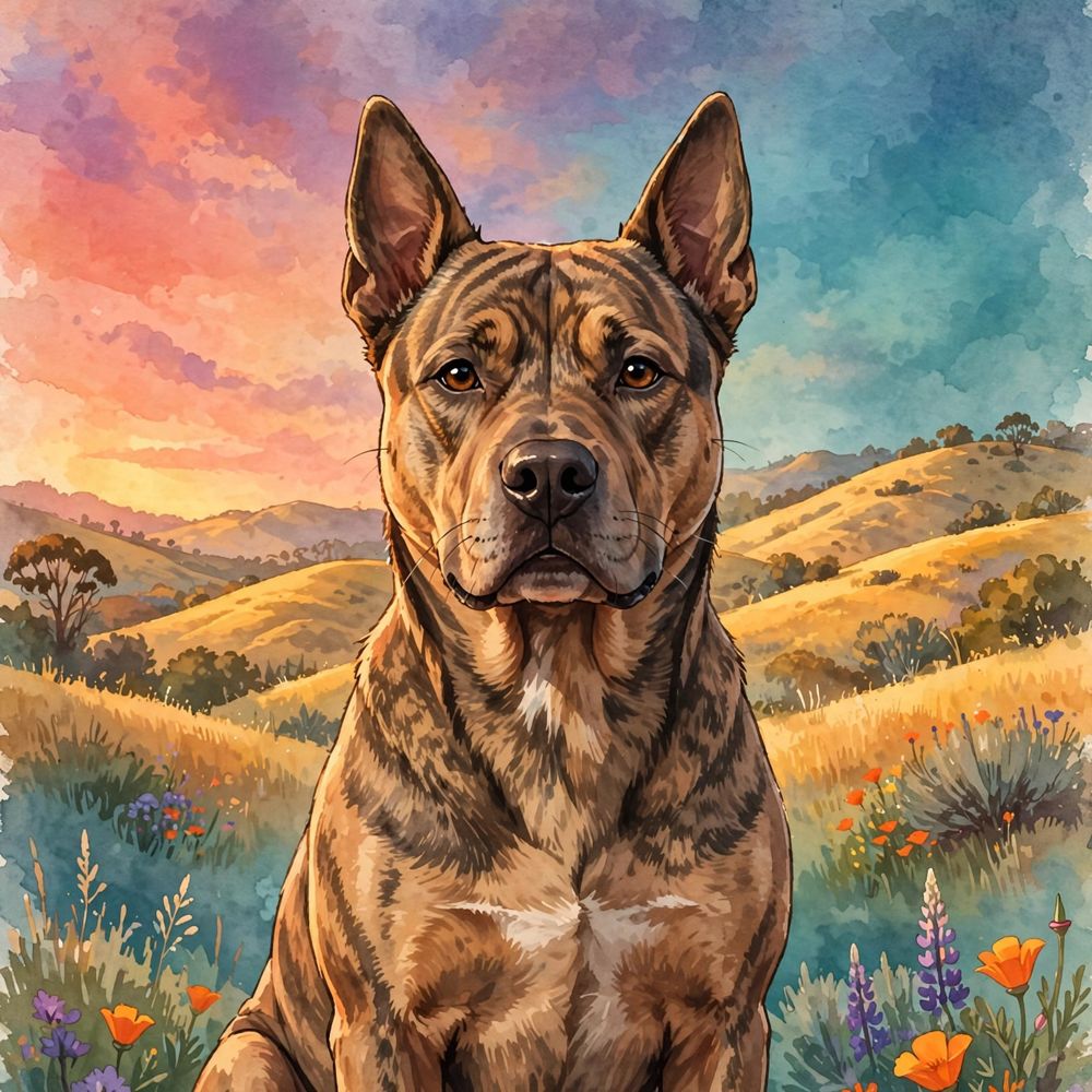 Illustrated portrait of Pablo, a brindle mixed-breed dog with upright ears, against golden California hills at sunset